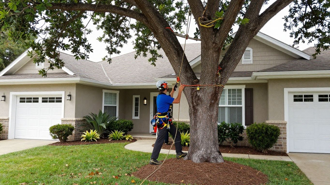 Arborist inspecting a tree near suburban home