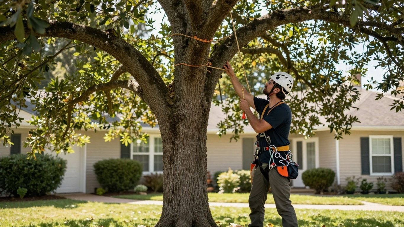 Professional arborist inspecting a mature tree