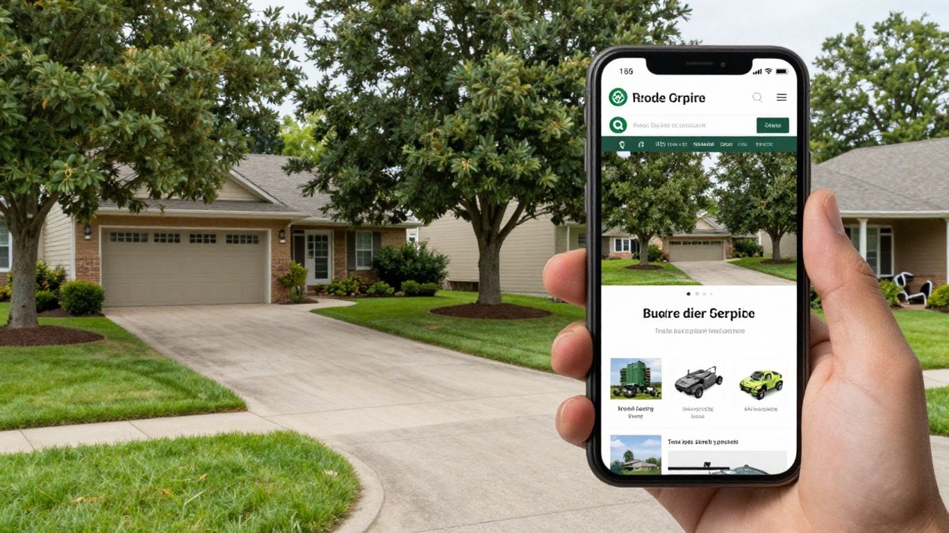 Tree service website visitor using phone outdoors